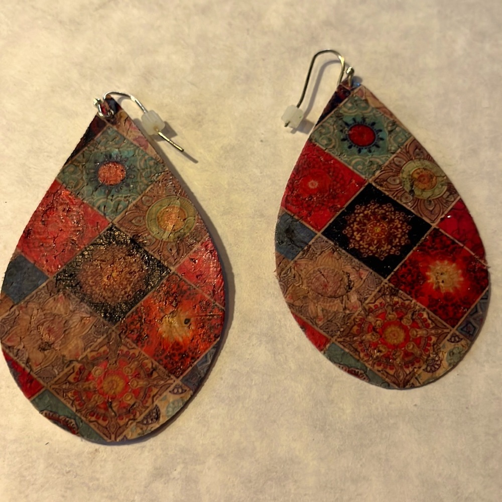 NWOT Bohemian Cork Painted Design Colorful Earrings
